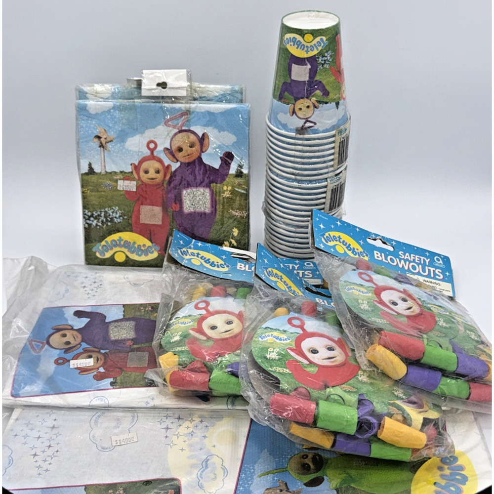 Vintage Teletubbies Party Supplies Lot New Old Stock Cups Napkins Tablecovers